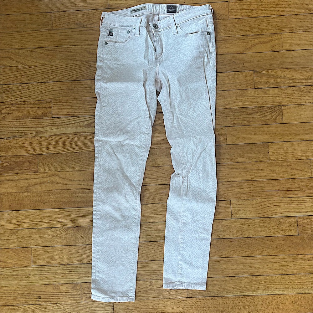 AG Adriano Goldshmied white/pink snake print jeans, size 27